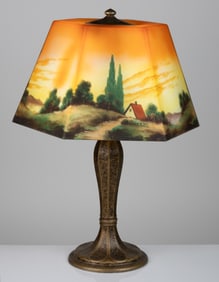 SIGNED JEFFERSON WITH REVERSE SCENIC PAINTED SHADE ELECTRIC STAND TABLE LAMP