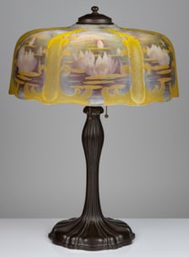PITTSBURGH LAMP, BRASS, & GLASS CO. BRONZE ELECTRIC TABLE LAMP WITH REVERSE PAINTED SHADE