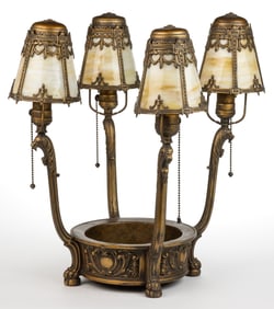 PITTSBURGH LAMP, BRASS & GLASS CO. NO. A-14381/2 BRASS ELECTRIC TABLE CANDELABRUM WITH SLAG GLASS