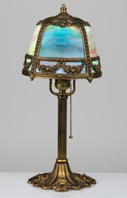 MILLER & CO. NO. 245 ART NOUVEAU BRASS AND SLAG-GLASS ELECTRIC BOUDOIR TABLE LAMP