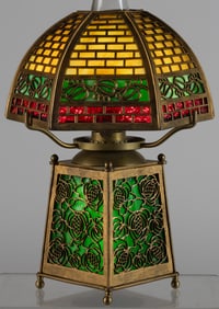 CARBONE, INC., BRASS AND SLAG-GLASS KEROSENE BOUDOIR-STYLE TABLE LAMP