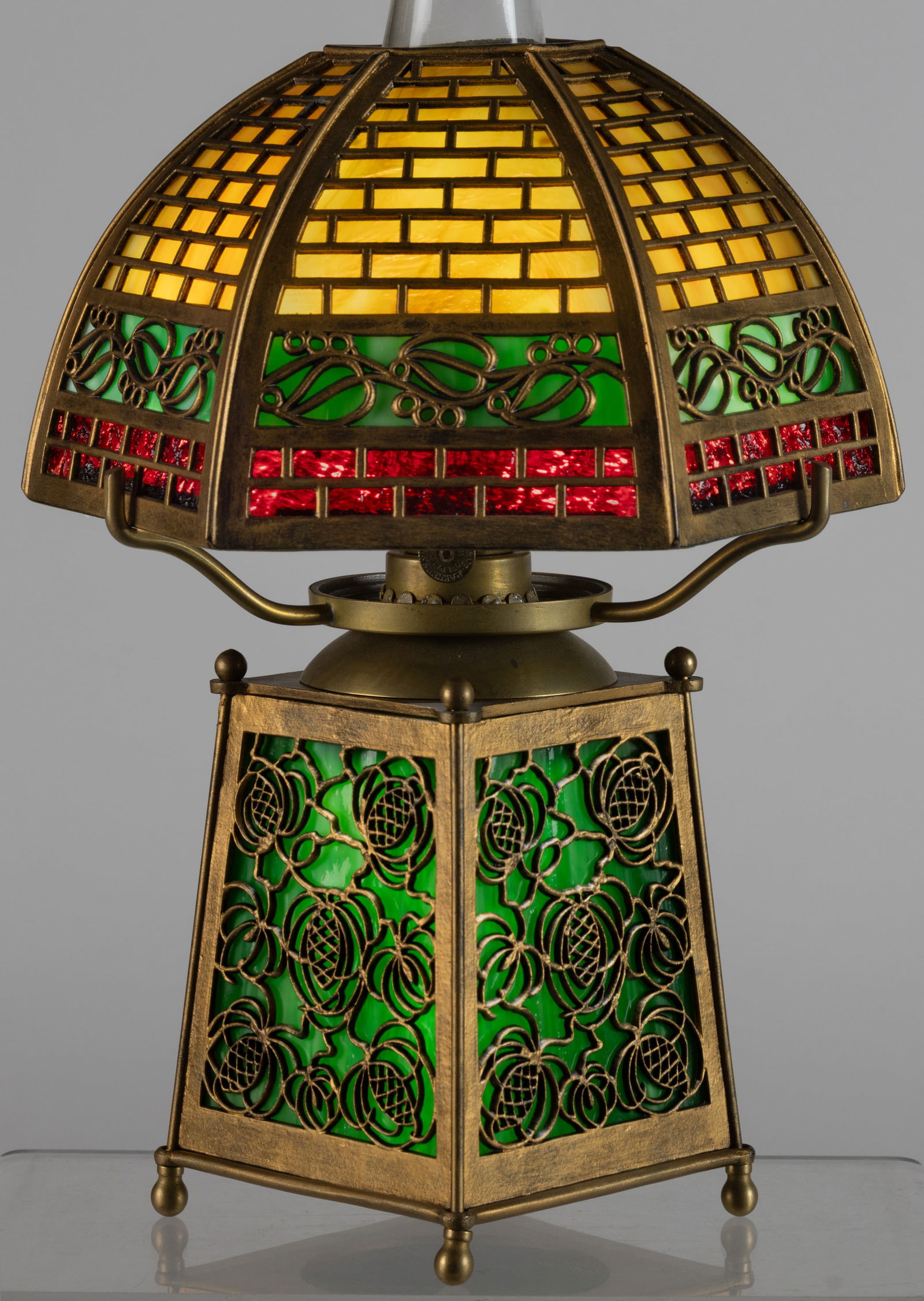 CARBONE, INC., BRASS AND SLAG-GLASS KEROSENE BOUDOIR-STYLE TABLE LAMP (1 of 4)
