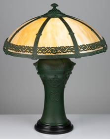 ARTS AND CRAFTS ELECTRIC TABLE LAMP WITH SLAG GLASS SHADE