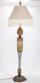 VINTAGE AMERICAN WOOD AND OVERSHOT DECORATED ELECTRIC FLOOR LAMP