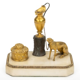 EUROPEAN, PROBABLY ENGLISH, GILT-BRONZE AND MARBLE FIGURAL INKSTAND