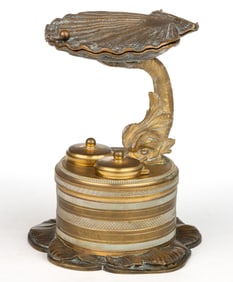 FRENCH GILT-BRONZE EMPIRE / REGENCY STYLE FIGURAL DOUBLE INKWELL / INK STAND