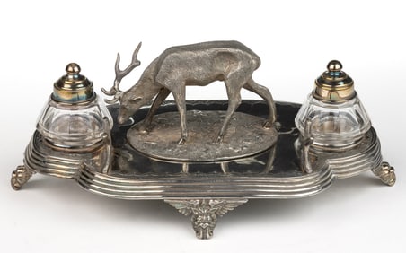 ENGLISH FIGURAL SILVER-PLATED DOUBLE INKWELL / INKSTAND