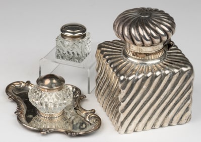 ASSORTED SILVER AND GLASS SINGLE INKWELLS, LOT OF THREE
