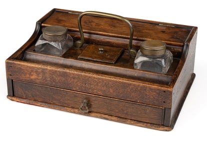 ENGLISH OR CONTINENTAL MAHOGANY DOUBLE INKWELL / PORTABLE INK STAND