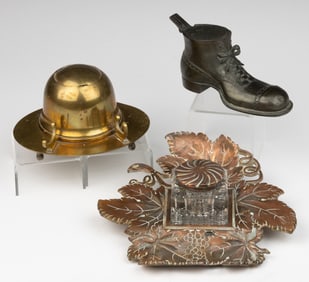 ASSORTED CAST-METAL INKWELLS / INK STANDS, LOT OF THREE