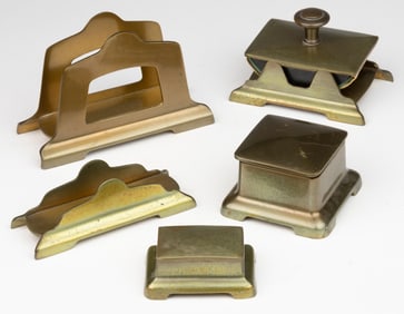 ART DECO / ARTS & CRAFTS GILT-BRASS FIVE-PIECE DESK SET