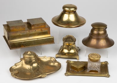 AMERICAN ART NOUVEAU / ARTS & CRAFTS GILT-BRASS AND OTHER CAST-METAL INK STANDS AND INKWELLS, LOT OF