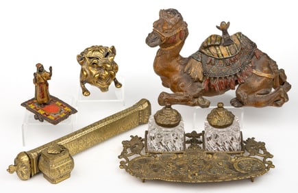 ASSORTED CAST-METAL INKWELLS / INK STANDS AND DESK ARTICLES, LOT OF FIVE