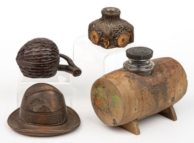 FOLK ART CARVED WOOD / COMPOSITE INKWELLS / INK STANDS, LOT OF FOUR