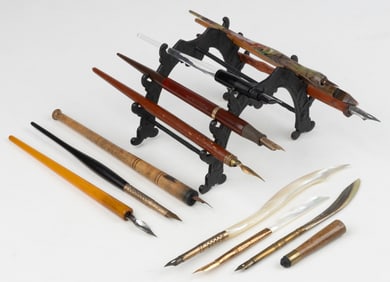 ASSORTED FOUNTAIN PENS WITH VICTORIAN CAST-IRON PEN HOLDER, LOT OF 13