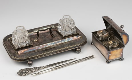 ASSORTED VICTORIAN SILVER INKWELLS / INK STANDS AND DESK ARTICLES, LOT OF FOUR