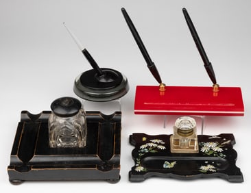 ASSORTED LACQUERED WOODEN AND OTHER INKWELLS / INK STANDS, LOT OF FOUR