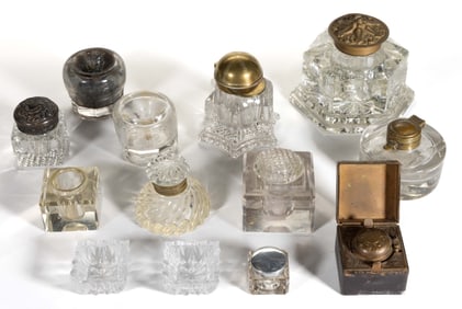 ASSORTED GLASS INKWELLS AND RELATED ARTICLES, UNCOUNTED LOT
