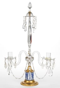 ENGLISH BRASS AND CUT-GLASS JASPERWARE MOUNTED CANDELABRUM