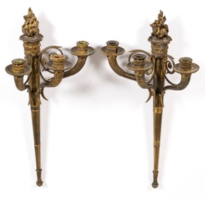 PAIR OF CONTINENTAL GILT BRASS TORCHIERE WALL SCONCES
