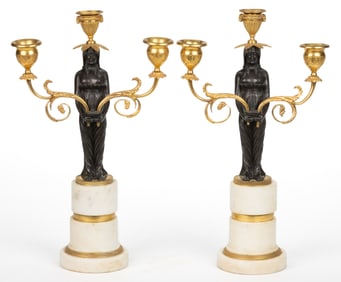 PAIR OF CLASSICAL GILT-BRASS AND PATINATED-BRONZE CANDELABRA