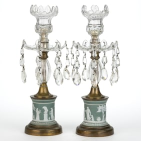 PAIR OF ENGLISH BRASS AND CUT GLASS JASPERWARE MOUNTED CANDLE HOLDERS / GARNITURES