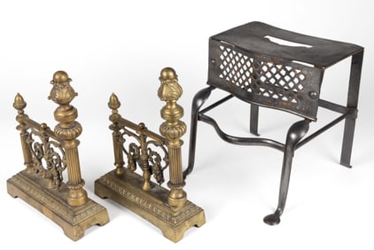 EUROPEAN BRONZE / BRASS AND IRON HEARTH ARTICLES, LOT OF THREE