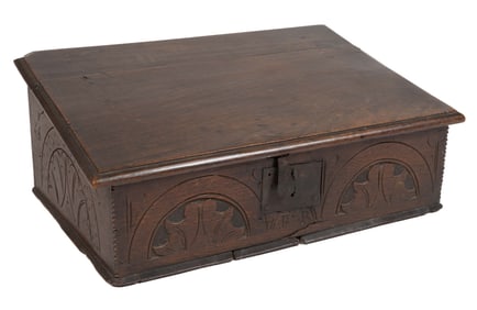 ENGLISH JACOBEAN CARVED OAK BIBLE / DOCUMENT BOX