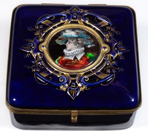 FRENCH GALLE-STYLE PORCELAIN ENAMEL PORTRAIT COBALT BOX
