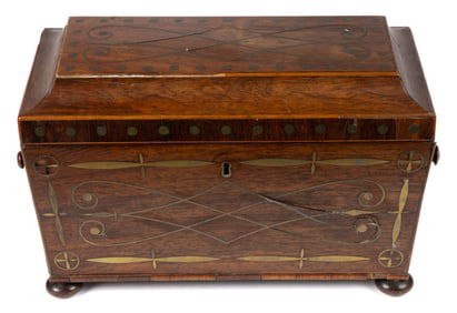 ENGLISH REGENCY SARCOPHAGUS-FORM BRASS-INLAID ROSEWOOD TEA CADDY