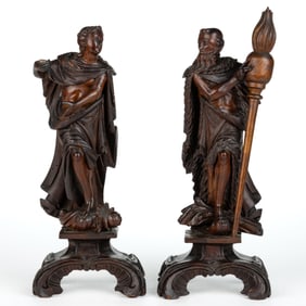 PAIR OF CONTINENTAL CLASSICAL CARVED WOODEN GRAND TOUR-STYLE FIGURES / STATUES