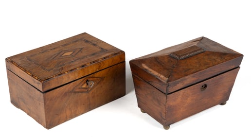 ENGLISH GEORGIAN MAHOGANY TEA CADDIES, LOT OF TWO