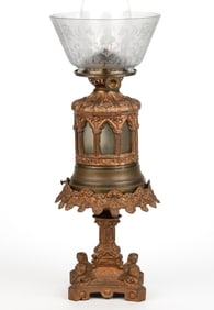 J. F. IDEN CAST METAL FIGURAL KEROSENE STAND LAMP
