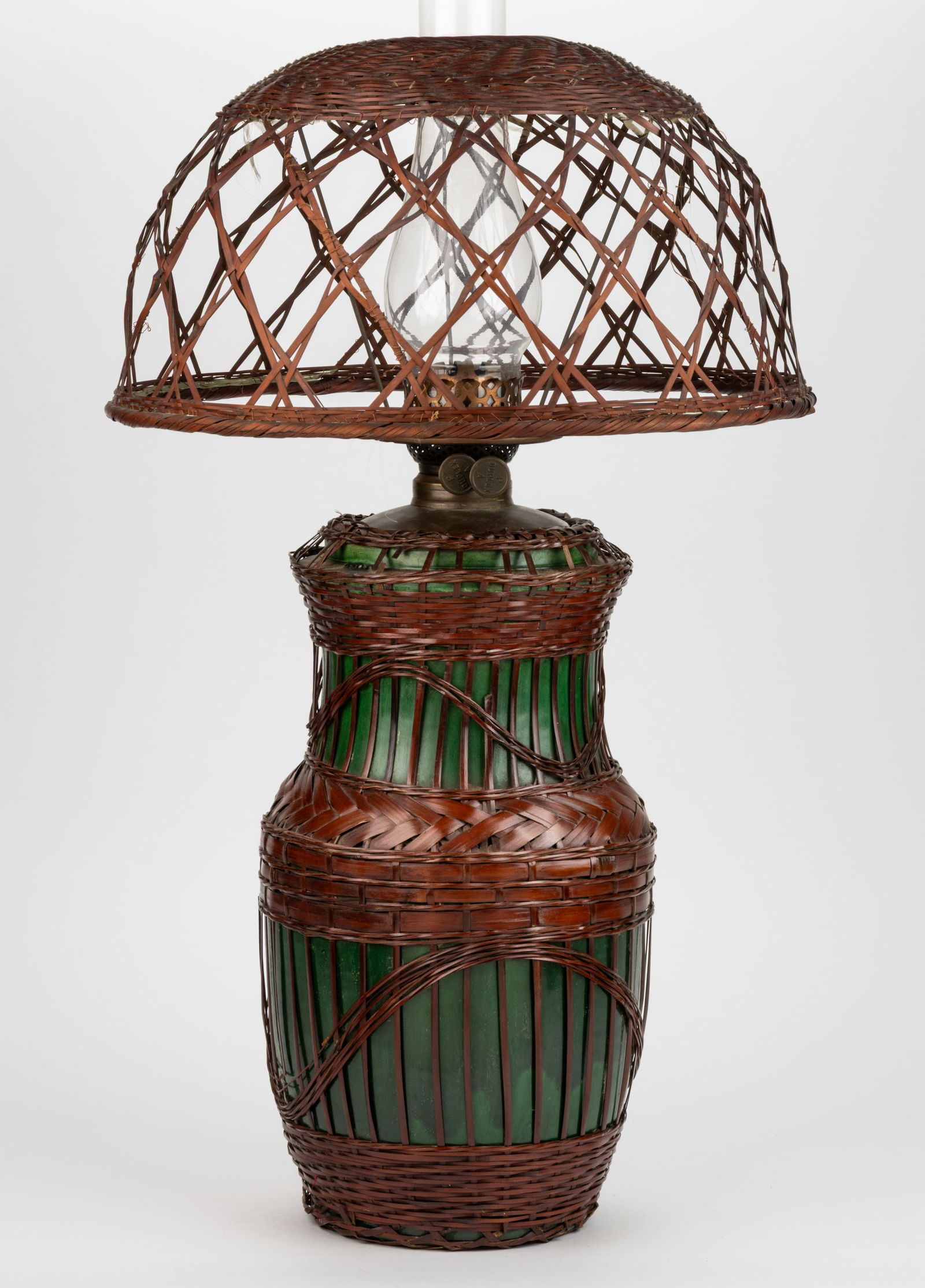 JAPANESE AWAJI / KYOTO POTTERY VASE WITH RATTAN / WICKER ENCASING KEROSENE TABLE STAND LAMP (1 of 2)