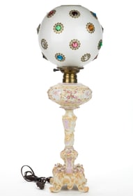 CONTINENTAL PORCELAIN BANQUET KEROSENE STAND LAMP WITH JEWELED SHADE