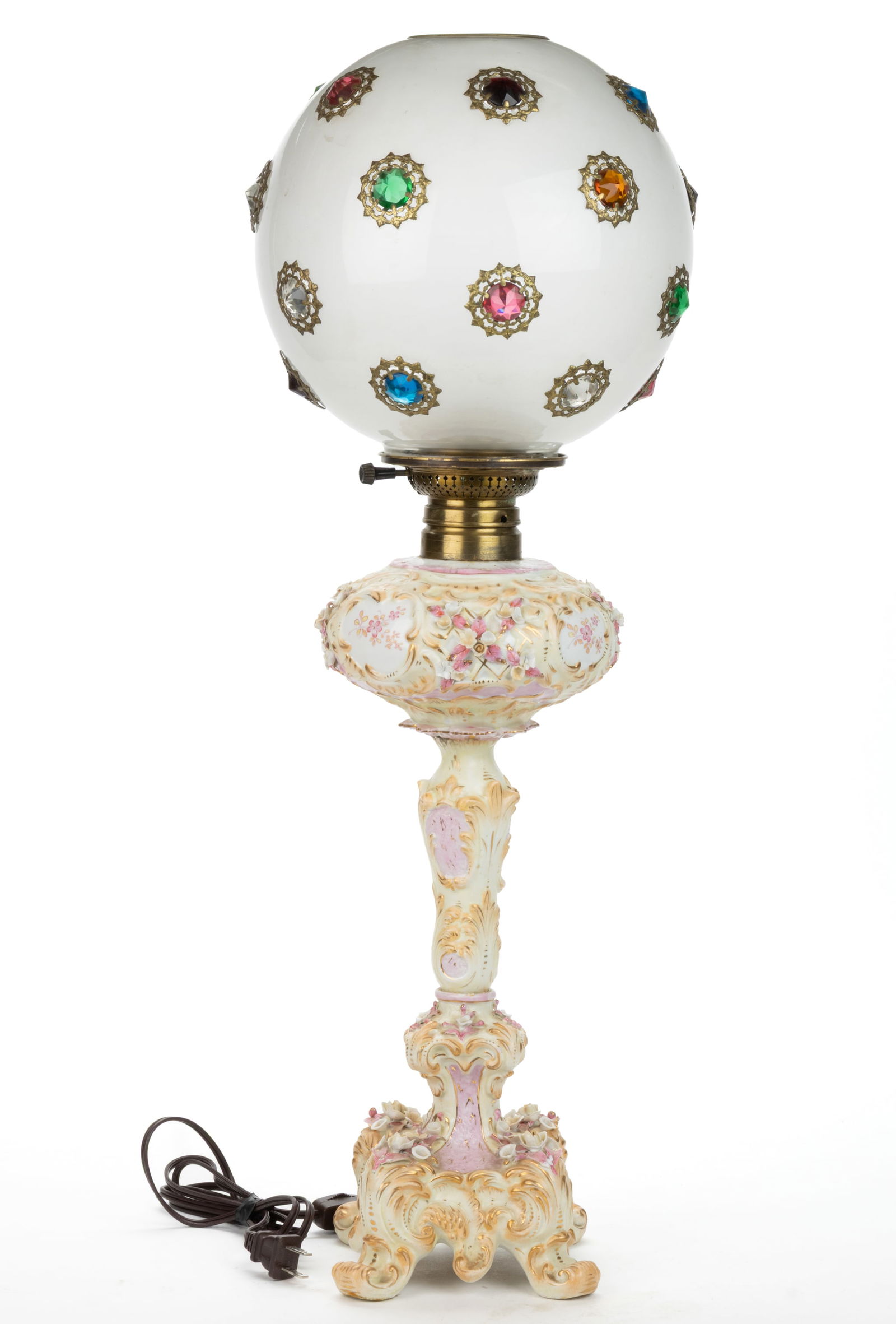 CONTINENTAL PORCELAIN BANQUET KEROSENE STAND LAMP WITH JEWELED SHADE (1 of 3)