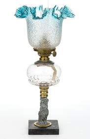 HOBBS RIB FONT AND FIGURAL NATIVE-AMERICAN STEM KEROSENE STAND LAMP