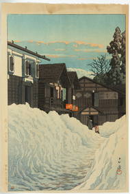 KAWASE HASUI (JAPANESE, 1883-1957) "KOSENDANI IN ECHIGO MANSION, KAGEKADO" WOODBLOCK PRINT (1 of 4)