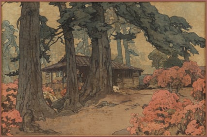 YOSHIDA HIROSHI (JAPANESE, 1876-1950) "TEA HOUSE IN AZALEA GARDEN" WOODBLOCK PRINT