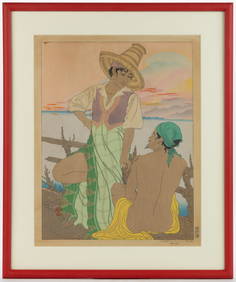 PAUL JACOULET (FRENCH, 1896-1960) "COUCHER DE SOLEIL A MENADO CELEBES" JAPANESE WOODBLOCK PRINT (1 of 3)
