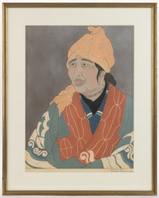 PAUL JACOULET (FRENCH, 1896-1960) "VIEILLE AINO / CHIKABUMI HOKKAIDO JAPON" JAPANESE WOODBLOCK PRINT