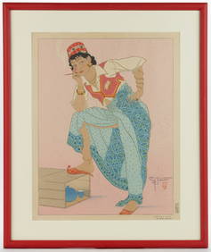 PAUL JACOULET (FRENCH, 1896-1960) "L'ATTENTE / CELEBES MENADO" JAPANESE WOODBLOCK PRINT (1 of 3)
