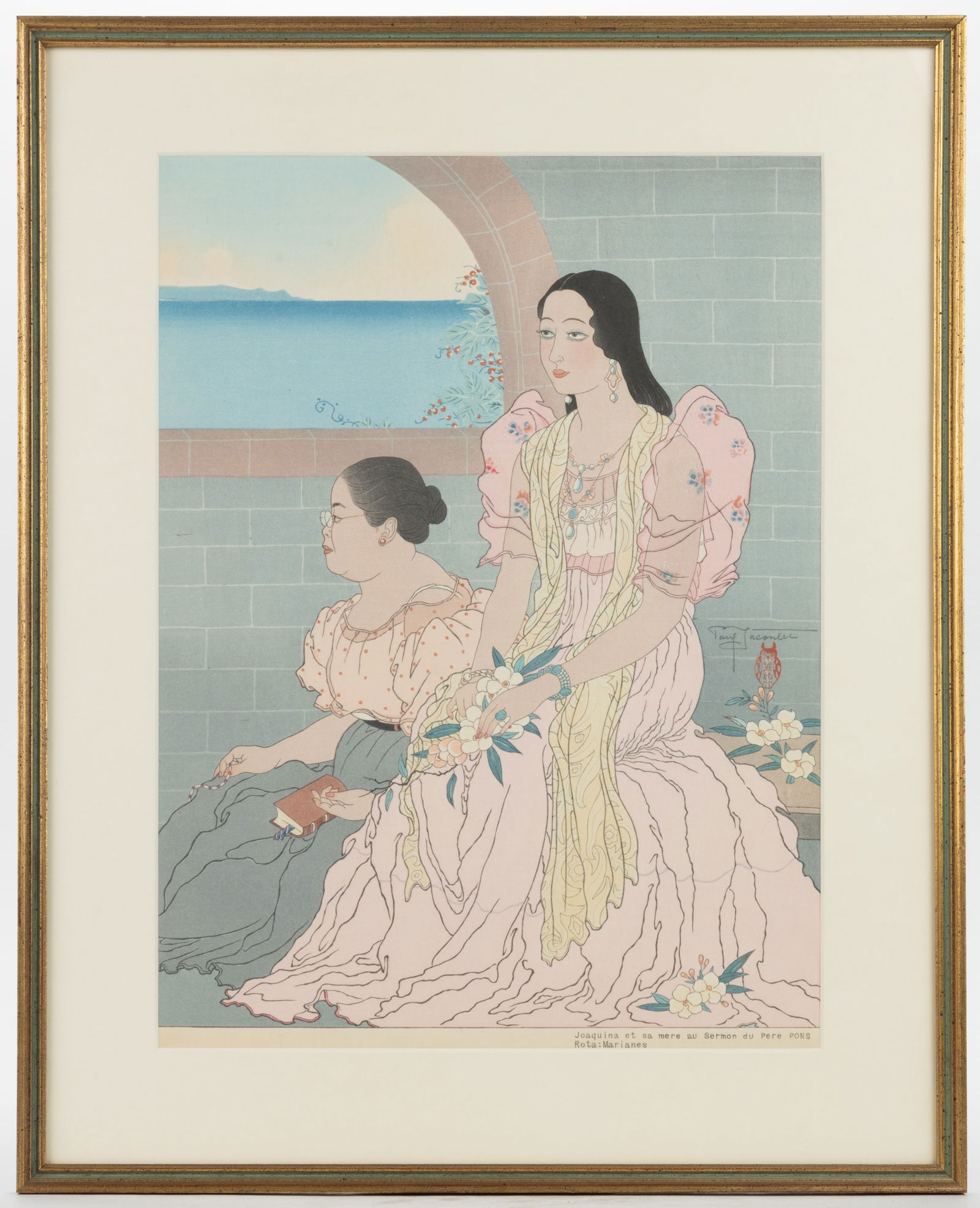 PAUL JACOULET (FRENCH, 1896-1960) "JOAQUINA ET SA MERE AU SERMON DU PERE PONS ROTA: MARIANES": PAUL JACOULET (FRENCH, 1896-1960) "JOAQUINA ET SA MERE AU SERMON DU PERE PONS ROTA: MARIANES" JAPANESE WOODBLOCK PRINT, depicting a mother and daughter dressed well and holding religious art