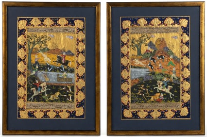 PAIR OF INDO-PERSIAN SCHOOL (19TH / 20TH CENTURY) HUNTING SCENE PAINTINGS