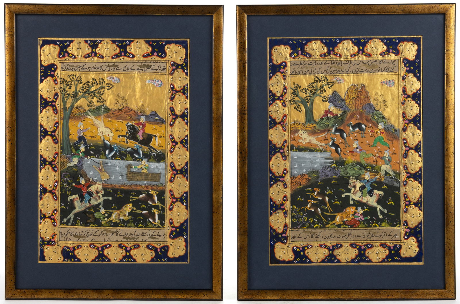 PAIR OF INDO-PERSIAN SCHOOL (19TH / 20TH CENTURY) HUNTING SCENE PAINTINGS (1 of 4)