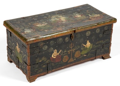 INDIAN MUGHAL PAPER-COVERED PAINT-DECORATED BOX / CHEST