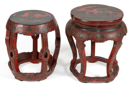 CHINESE RED-LACQUERED GARDEN STOOLS, LOT OF TWO