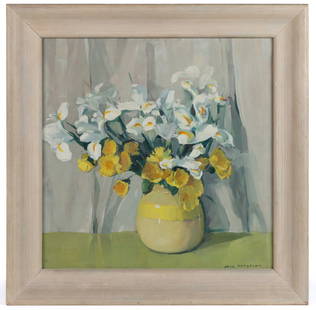 JANE PETERSON (AMERICAN, 1876-1965) STILL-LIFE OF POPPIES AND IRISES IN A VASE: JANE PETERSON (AMERICAN, 1876-1965) STILL-LIFE OF POPPIES AND IRISES IN A VASE, oil on canvas, a fine example featuring a glazed ceramic vase, set slightly off-center, filled with yellow pop
