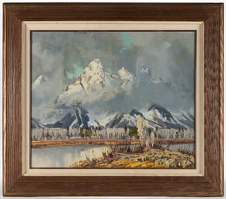 CONRAD SCHWIERING (AMERICAN, 1916-1986) "SPRING ON THE TETONS" MOUNTAINOUS LANDSCAPE PAINTING