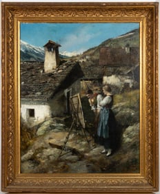 FERDINAND LEEKE (GERMAN, 1859-1923) LARGE-SCALE LANDSCAPE PAINTING / GENRE SCENE